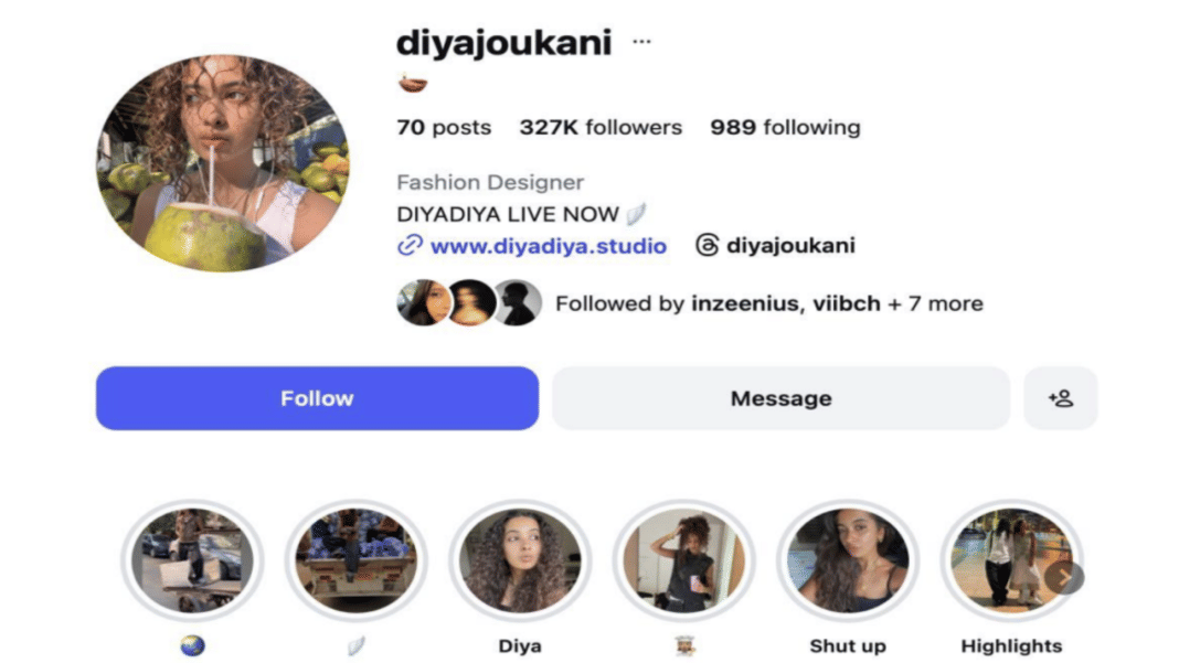 Screengrab from the Instagram profile of Diya Joukani, the Blueprint for New India’s Global Cool | Instagram/@diyajoukani